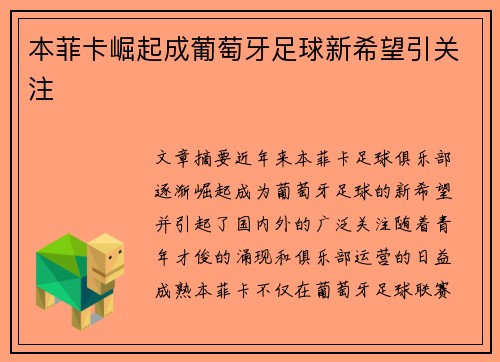 本菲卡崛起成葡萄牙足球新希望引关注